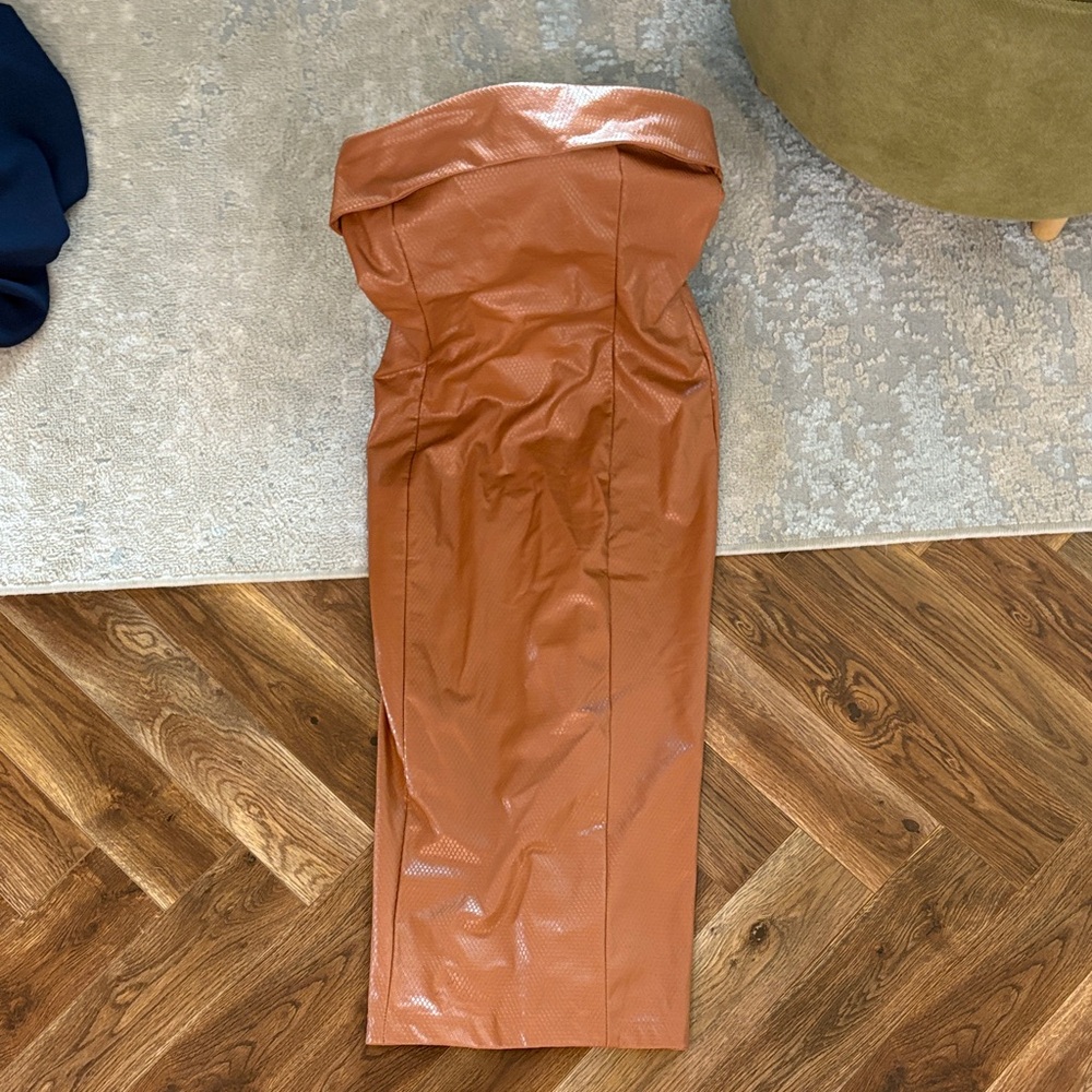 Chic Faux Leather Camel Brown Strapless Maxi Dress